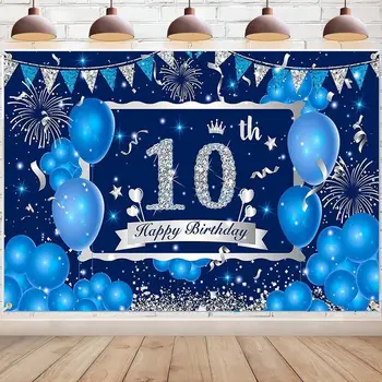 10. Születésnapi Dekoráció Zászló Fiú Lány kétszámjegyű Háttérben Kék Ezüst Boldog Tíz Éves Fotó Háttér Party Kellékek