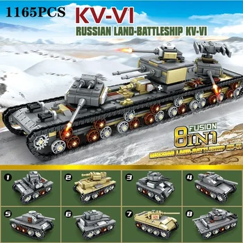 1165PCS KV-VI Nehéz Tank Jármű építőkövei WW2 Hadsereg Katonai Fegyverek 8 Az 1-ben Közgyűlés Modell Fiú Tégla Játékok Karácsonyi Ajándékok