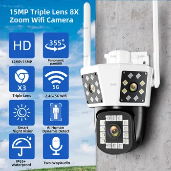 15MP Kamera Wifi Szabadtéri 6K Megfigyelő Biztonsági Fényképezőgép 8X Optikai Zoom Auto Tracking PTZ 3 Lencse 3 Képernyők IP CCTV Vízálló