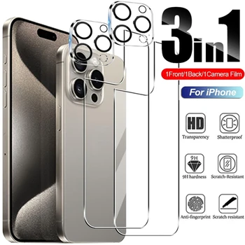 3 az 1-ben Edzett Üveg Iphone 15 Pro Max 15 Plus Teljes Borító Átlátszó Elöl Hátul Képernyő Lencse Védő Fóliák, Iphone 15