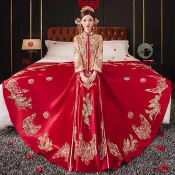 A Nők Csillogó Flitterekkel Gyöngyfűzés Bojt Esküvői Ruha Kínai Tang Style Öltöny Cheongsam Menyasszonyi Ruha Qipao Pirítós Ruhák