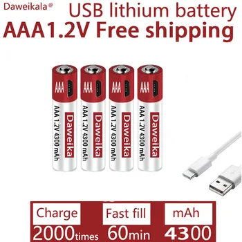 AAA USB Töltés 1.2 V AAA 4300mAH Újratölthető Lítium Akkumulátor Riasztó Pisztoly Távirányító-Egér Játék Akkumulátor + INGYENES SZÁLLÍTÁS