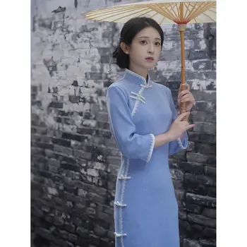 Kék Qipao Őszi/Téli Cheongsam Elegáns Lány, Új Stílus, Hosszú Ujjú Egyszerű Slim Retro Új Kínai Stílusú Ruha