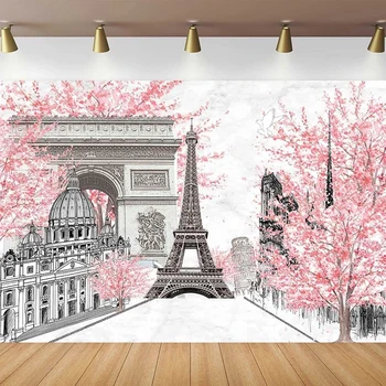 Rózsaszín Virágok, Fák Eiffel-Torony Téma Fotózás Háttérben Szürke Párizs Témájú Szülinapi Lakodalom Háttér Fotó Stúdió