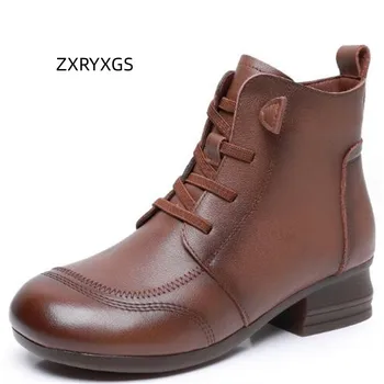 ZXRYXGS 2024 Tavaszi Őszi Valódi Bőr Egységes Csizma Trendi Cipő Puha Talp Közepén Sarok Női Retro Rövid Csizma Téli Cipő