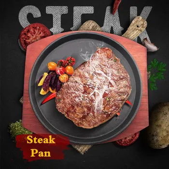 Öntöttvas Sült Steak Pan Non Stick Sült Zománc Sült Pot Lemez Serpenyőben, Fa Alap Jogosult Konyhai sütés grill serpenyőt